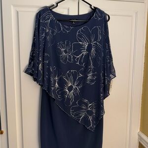 SLNY Navy Asymmetrical Floral Dress